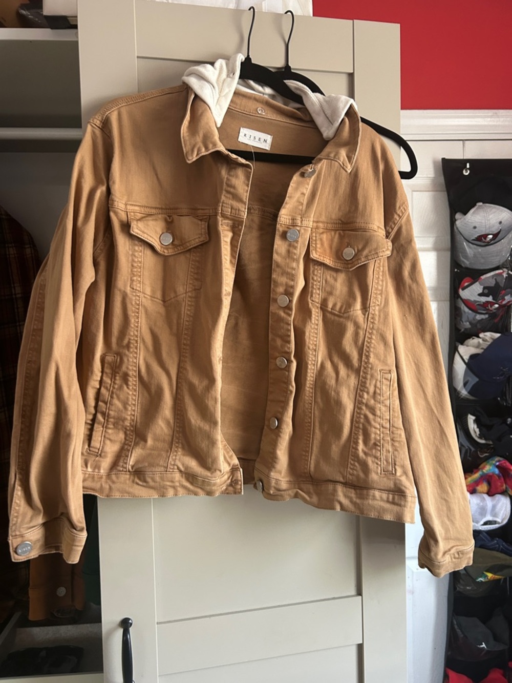 Washed Tan Hooded Jean Jacket with Contrast Cream Hood